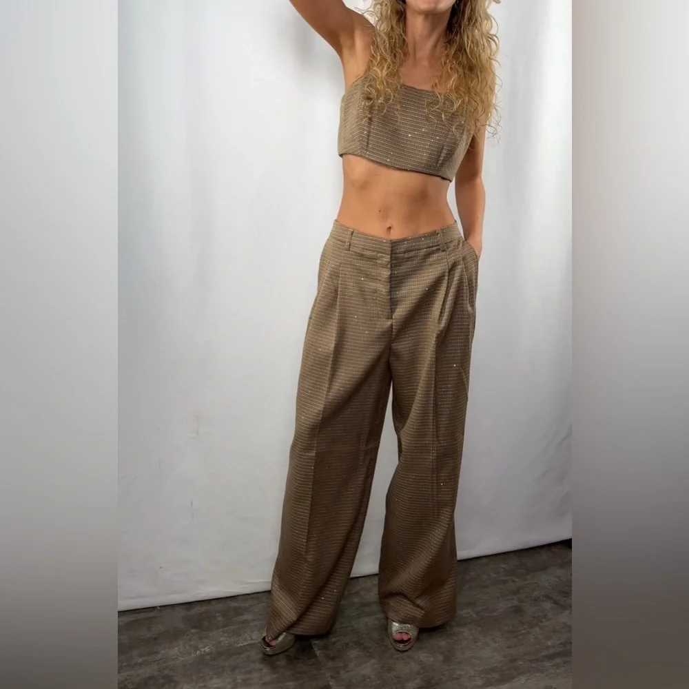 NEW House of Harlow 1960 Cropped‎ Top Wide Leg Pants Set in Brown Size Small